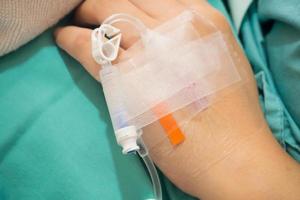 Asian woman patient hand on IV drip with saline solution, fluid replacement therapy photo