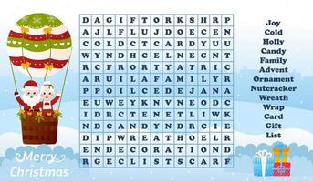 Christmas worksheet with word search game with santa claus and mrs claus flying hot air balloon, printable riddle for kids for winter holidays in cartoon style vector