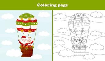 santa claus y mrs claus volando un globo aerostático página para colorear para niños, juego educativo imprimible para niños en estilo de dibujos animados, vacaciones de navidad vector