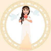 Little girl in costume of greece goddess of love and beauty - Aphrodite, holding heart symbol and pigeons flying around, meander round frame,ancient greece people vector