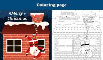 Christmas coloring page with santa claus character falling off the roof, printable worksheet for kid in cartoon style, winter holidays activity vector