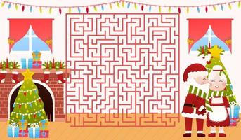 Christmas riddle for kids with santa claus and mrs claus kissing under mistletoe, labyrinth maze game vector