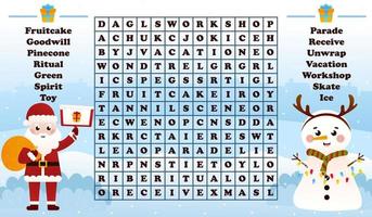 Christmas worksheet with word search game with santa claus and snowman, printable riddle for kids for winter holidays in cartoon style vector