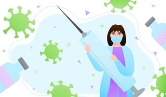 Woman doctor character in mask holding giant syringe, vaccination medical concept in cartoon style, virus on background in cartoon style, immunization theme vector