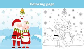 página de color de navidad con el personaje de santa claus y la señora claus besándose, hoja de trabajo imprimible para niños en estilo de dibujos animados, actividad de vacaciones de invierno vector