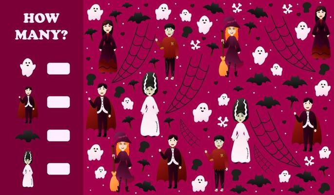 How many riddle for kids with halloween characters on dark background, ghosts in cartoon style, printable worksheet for children books, preschool activity