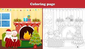 santa y la señora claus durmiendo en el sofá página para colorear para niños libro de actividades para navidad, hoja de trabajo imprimible en estilo de dibujos animados vector