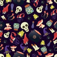 Witch items seamless pattern, halloween holiday background, ornament for textile or wrapping paper, spooky objects vector
