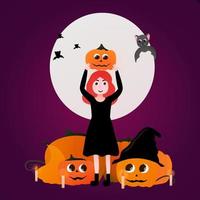 Girl in witch costume, halloween illustration, flying cute bat, kid holding pumpkin, candles around, big moon on purple background vector