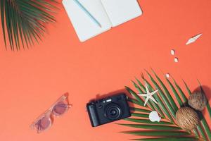 accesorios de playa planos gafas de sol, diario, cámara con ramas de palma y conchas foto