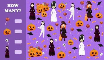 How many game for kids with cute halloween characters in cartoon style on violet background with pumpkins and bats, printable worksheet for autumn holidays, colurful riddle vector