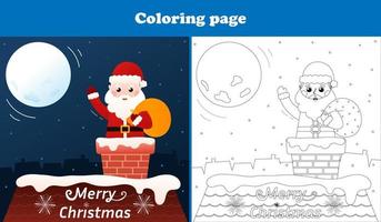 Santa Claus is coming down the chimney coloring page for christmas, printable worksheet for kids in cartoon style