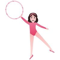 Little girl practicing gymnastics poses with hoop, training for competition, afterschool activity in cartoon style on white background vector