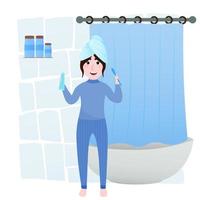 Cute girl brushing teeth in bathroom, hygeine concept, daily routine, towel on head, bath on the background, health care in cartoon style vector