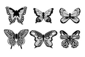 conjunto realista de mariposas de íconos para bodas, tatuajes o decoración, silueta de insectos en blanco y negro, hermosas alas, aislado en fondo blanco vector