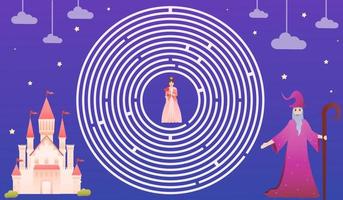 Help wizard to find way to princess and save her, fairy tale theme for kids, educational riddle, circle maze vector