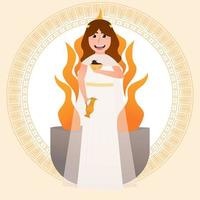 Hestia greece goddess of hearth, liitle girl in ancient greece costumeholding grape and pottery, flame on background, meander circle frame, roman pantheon vector