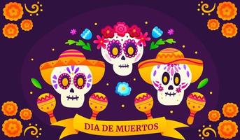 Dia de los muertos greeting banner with colourful sugar skulls and flowers, mexican day of dead with cute skeletons in cartoon style on dark background with marigolds, festival celebration vector