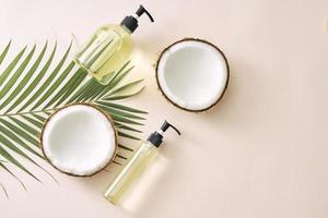 Shampoo and spray coconut hair care. Natural cosmetics homemade mask. Coconut oil and scrub. Spa and wellness. Homemade beauty products. Healthy lifestyle. photo