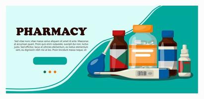 Medicine, pharmacy, hospital set of medicines with labels. Banner for a website with medical items. Vector illustration in cartoon style.
