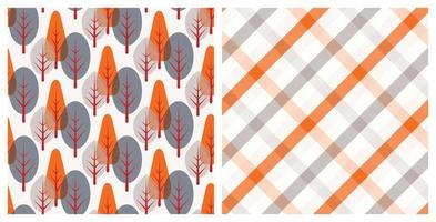 Seamless Autumn patterns in warm colours. Hand drawn vector design, Trees, forest and plaid. Background for scrapbooking, textile or wall paper.