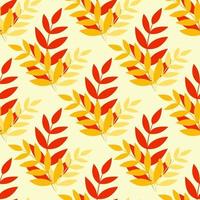 Seamless Autumn pattern with leaves in warm, bright red, orange and yellow colours. Hand drawn vector design. Background for scrapbooking, textile or wall paper.