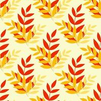 Seamless Autumn pattern with leaves in warm, bright red, orange and yellow colours. Hand drawn vector design. Background for scrapbooking, textile or wall paper.
