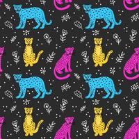 Seamless pattern with colorful leopards in different poses among twigs and flowers vector