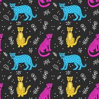 Seamless pattern with colorful leopards in different poses among twigs and flowers vector