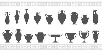 siluetas de jarrones griegos. ánforas antiguas e ilustraciones de glifos de ollas. loza de barro cerámico. vector.