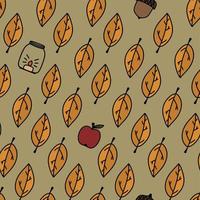 Autumn seamless pattern with leaves. Cozy hand drawn textile print with seasonal leaves, apples, acorns, candlesticks. Vector autumn background