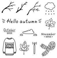conjunto acogedor de otoño de elementos de doodle. bufanda aislada dibujada a mano, ramas, hojas, nubes, velas. hola ilustración de vector de contorno de otoño