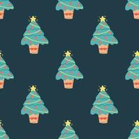 Seamless pattern with a Christmas tree on a dark green background. Flat vector illustration