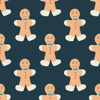 Seamless pattern with a gingerbread man on a dark green background. Flat vector illustration