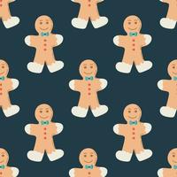 Seamless pattern with a gingerbread man on a dark green background. Flat vector illustration