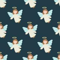 Seamless pattern with an angel on a dark green background. Flat vector illustration