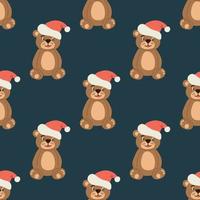 Seamless pattern with a bear in a Santa hat on a dark green background. Flat vector illustration