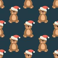Seamless pattern with a bear in a Santa hat on a dark green background. Flat vector illustration