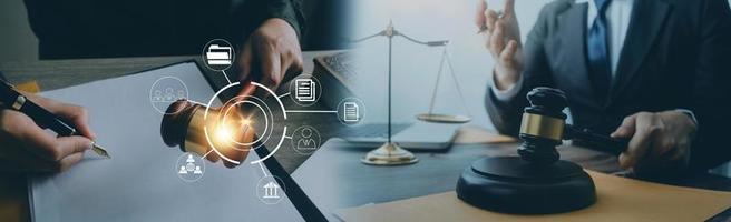 Justice and law concept. Gavel on sounding block in hand's Male judge at a courtroom, working with document law books, report the case on table in modern office. photo