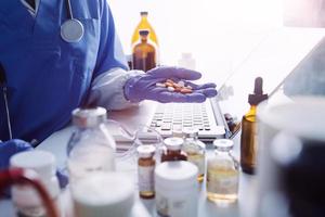 Double exposure of technology healthcare And Medicine concept. Doctors using digital tablet and modern virtual screen interface icons panoramic banner, blurred background. photo