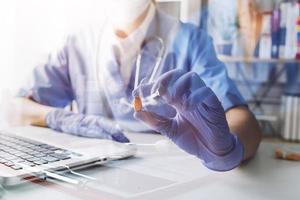 Double exposure of technology healthcare And Medicine concept. Doctors using digital tablet and modern virtual screen interface icons panoramic banner, blurred background. photo