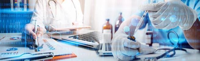 Double exposure of Doctor working with modern virtual screen interface, Healthcare And Medicine concept, Blurred background. photo