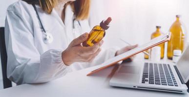 Double exposure of technology healthcare And Medicine concept. Doctors using digital tablet and modern virtual screen interface icons panoramic banner, blurred background. photo