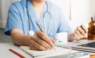 Double exposure of technology healthcare And Medicine concept. Two doctors using digital tablet and modern virtual screen interface icons panoramic banner, blurred background. photo