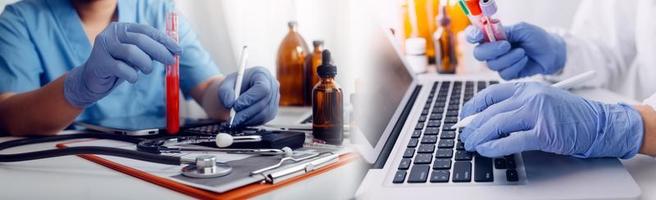 Double exposure of technology healthcare And Medicine concept. Doctors using digital tablet and modern virtual screen interface icons panoramic banner, blurred background. photo