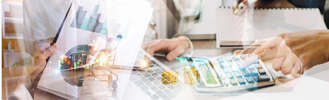 Business team finance or bookkeeper working with a calculator to calculate business data summary report, accountancy document and laptop computer at the office, business meeting concept photo