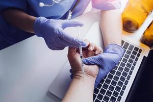 Double exposure of technology healthcare And Medicine concept. Doctors using digital tablet and modern virtual screen interface icons panoramic banner, blurred background. photo