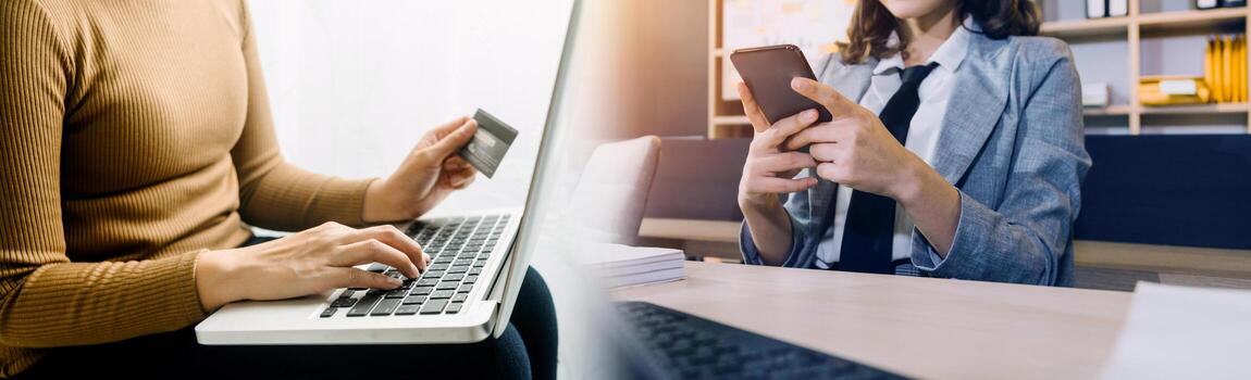 Business team finance or bookkeeper working with a calculator to calculate business data summary report, accountancy document and laptop computer at the office, business meeting concept photo