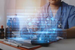 Double exposure of technology healthcare And Medicine concept. Doctors using digital tablet and modern virtual screen interface icons panoramic banner, blurred background. photo