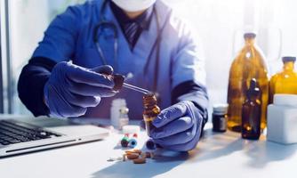 Double exposure of technology healthcare And Medicine concept. Doctors using digital tablet and modern virtual screen interface icons panoramic banner, blurred background. photo